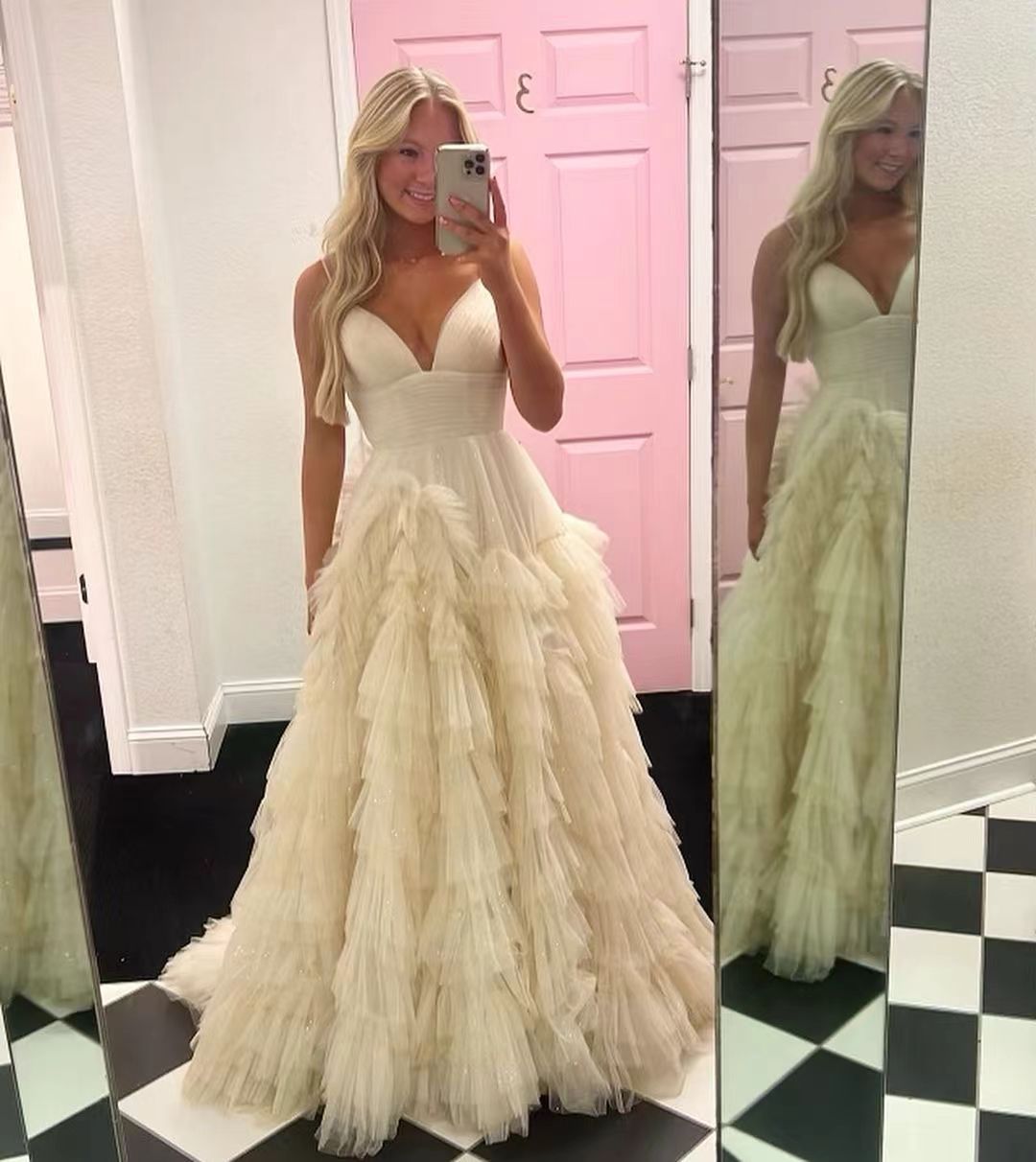 Robe de soirée sexy à bretelles spaghetti, robe de bal, col en V, jupe à volants superposée, robe de bal, robe de remise de diplôme en tulle pailleté
