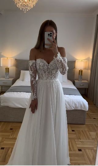Abiti da sposa boho in tulle morbido maniche lunghe scollo a cuore applicazioni in pizzo abiti da sposa spacco laterale abito da sposa