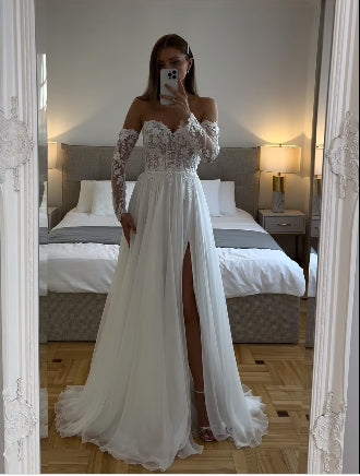 Abiti da sposa boho in tulle morbido maniche lunghe scollo a cuore applicazioni in pizzo abiti da sposa spacco laterale abito da sposa