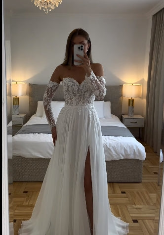 Abiti da sposa boho in tulle morbido maniche lunghe scollo a cuore applicazioni in pizzo abiti da sposa spacco laterale abito da sposa