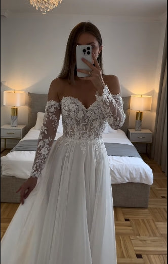 Abiti da sposa boho in tulle morbido maniche lunghe scollo a cuore applicazioni in pizzo abiti da sposa spacco laterale abito da sposa