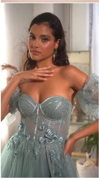 Vestido de Baile Elegante em Tule com Brilhos, Decote Coração, Mangas Bufantes, Fenda Lateral, Vestido Sexy para Festa, Vestido Longo de Noite