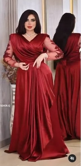 Robe de soirée à col en V avec appliques et perles, manches longues, robe de soirée formelle