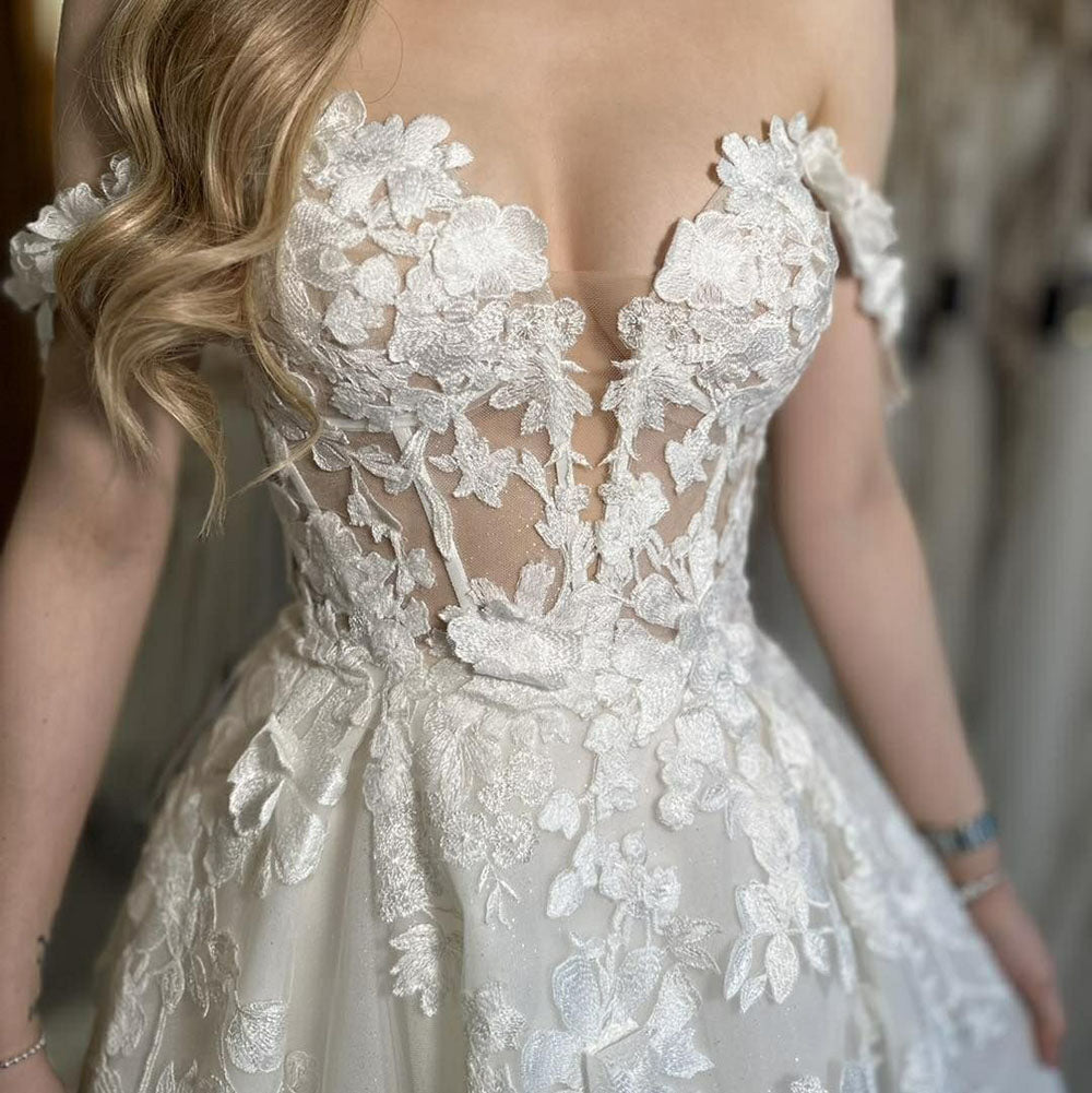 Classic Elegant Wedding Dresses For Mariages Sparkly Tulle V Neck Lace Appliques Off The Shoulder Slit Bridal Gowns