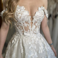 Classic Elegant Wedding Dresses For Mariages Sparkly Tulle V Neck Lace Appliques Off The Shoulder Slit Bridal Gowns