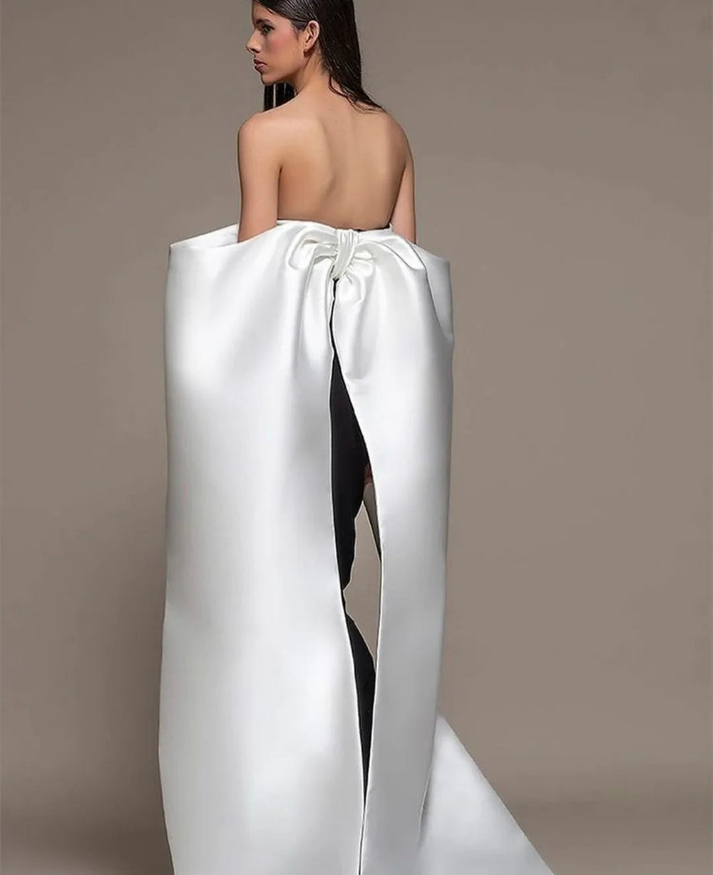 Vestido de noite elegante preto, sem alças, com capa destacável de cetim branco, vestido de baile para festas formais