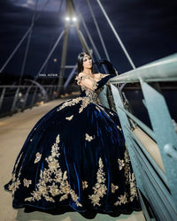Abiti Quinceanera in Velluto 2025 con Farfalle Floreali 3D Dorate Pizzo Spalle Scoperte Abiti da Prom Sweet 16