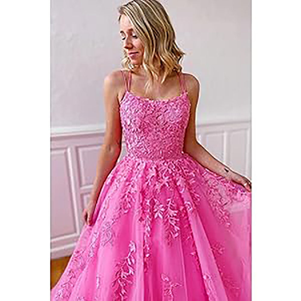Abiti da sera lunghi con spalline sottili in tulle, applicazioni in pizzo, abiti da ballo per donne, vestito da festa