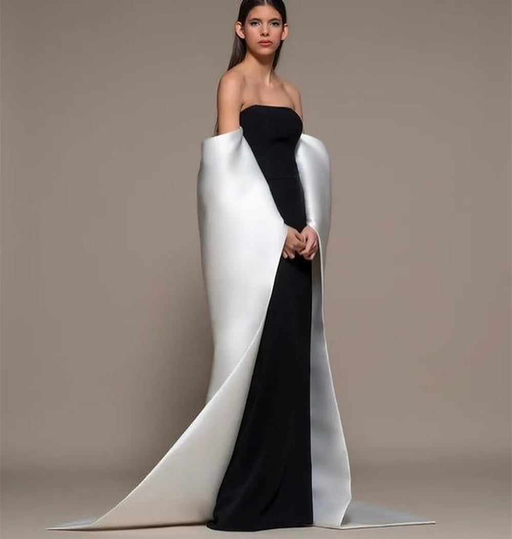 Vestido de noite elegante preto, sem alças, com capa destacável de cetim branco, vestido de baile para festas formais