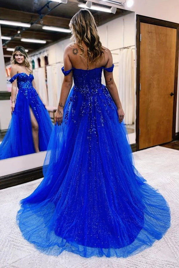Off Shoulder Lace Appliques Prom Dress Sequins High Slit Party Gala Gowm Ms2507241