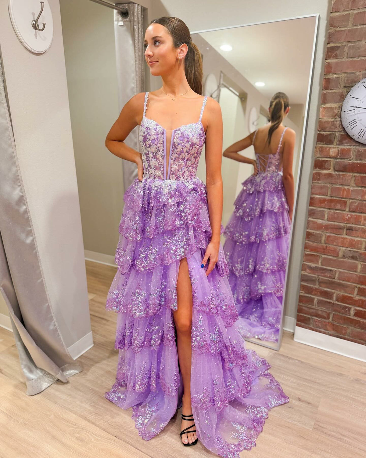 Robe de soirée violette pour adolescentes, robe de remise de diplôme, appliques en dentelle, bretelles spaghetti, col en V, fente latérale, robe de soirée d'occasion