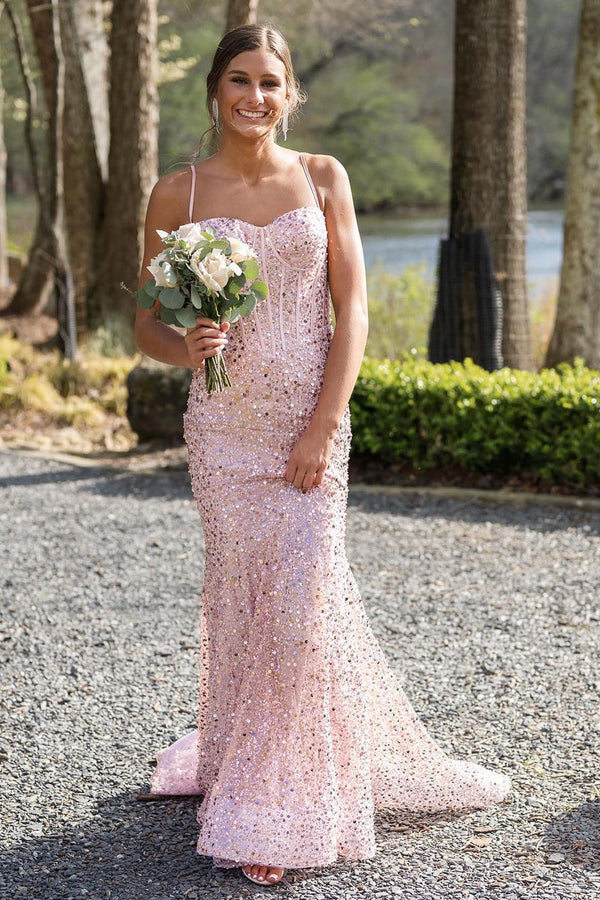 Sparkly Mermaid Corset Evening Dress Spaghetti Strap Sequin Formal Prom Dress Ms2507243