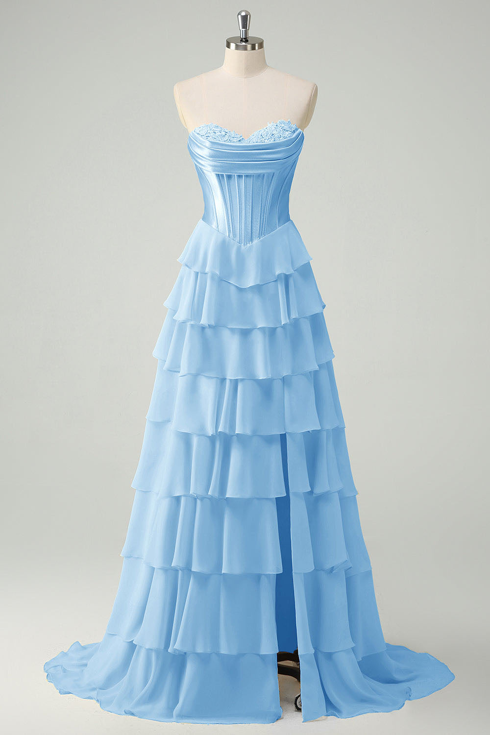 Abito da cerimonia azzurro cielo con corsetto in pizzo, scollo a cuore, abito di compleanno in chiffon a balze, abiti da laurea per adolescenti