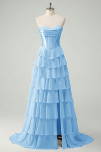 Abito da cerimonia azzurro cielo con corsetto in pizzo, scollo a cuore, abito di compleanno in chiffon a balze, abiti da laurea per adolescenti