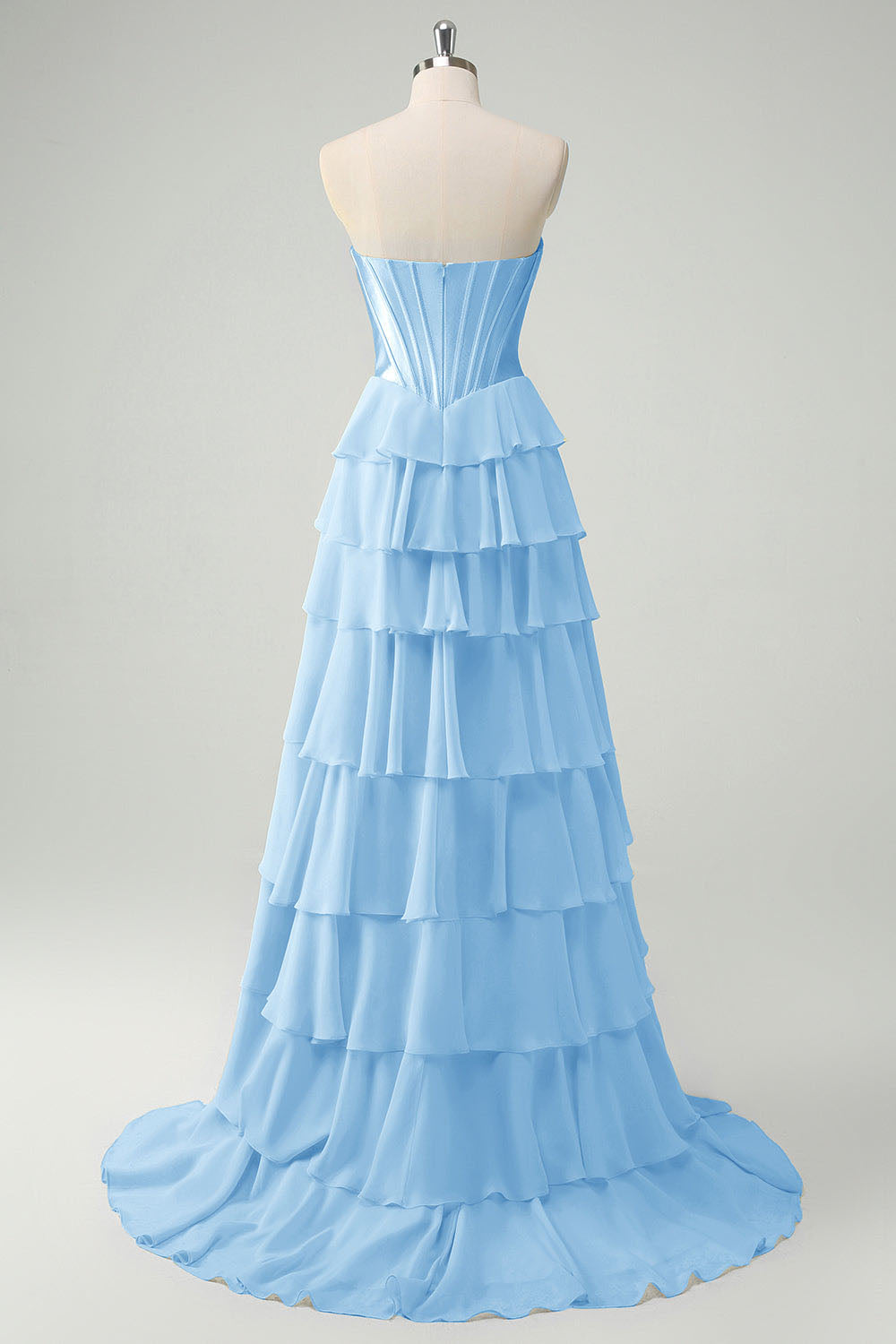 Abito da cerimonia azzurro cielo con corsetto in pizzo, scollo a cuore, abito di compleanno in chiffon a balze, abiti da laurea per adolescenti