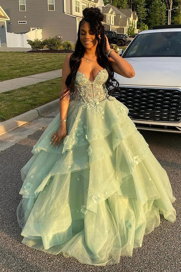 Mint Green Layered Tulle Prom Gown Appliques 3D Floral Evening Dresses Ms2507205