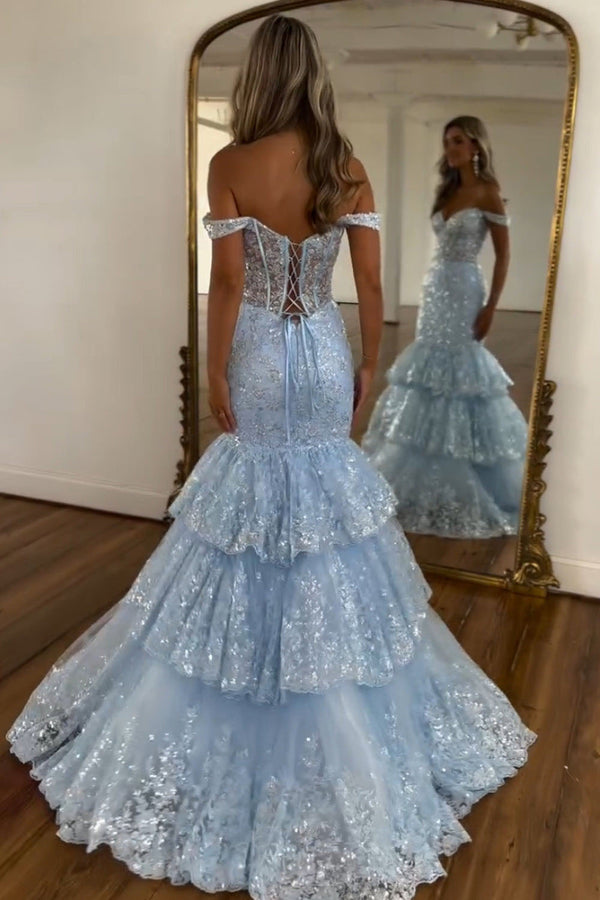Light Blue Off Shoulder Mermaid Prom Dress Tiered Sequin Formal Dress for Party Ms2507226