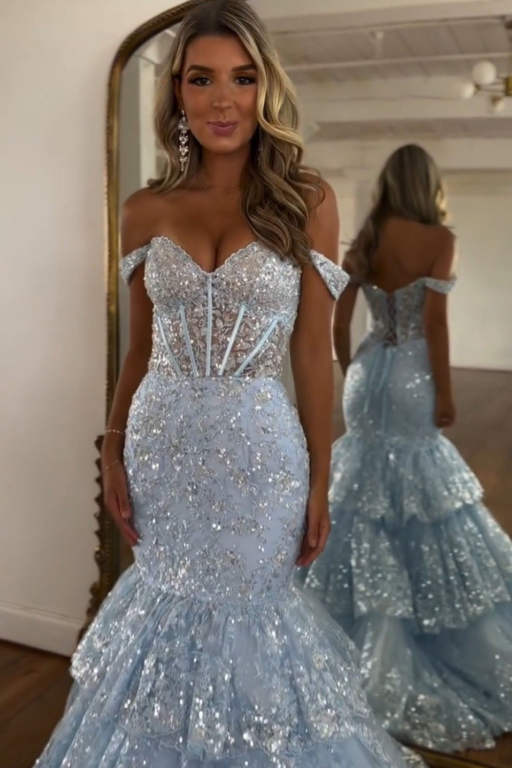 Vestido de Baile com Corpete, Decote Coração, Babados em Camadas, Fenda Alta, Sereia de Renda Brilhante Ms2504111