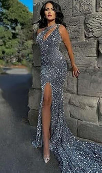 Abiti da sera lunghi da festa con paillettes su una spalla, spacco, glitter, stile sirena formale