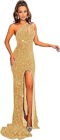 Abiti da sera lunghi da festa con paillettes su una spalla, spacco, glitter, stile sirena formale