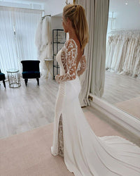 Vestido de Noiva em Cetim Suave com Aplicações de Renda Vestido de Noiva Sereia Decote em V Manga Comprida