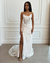 Incantevole abito da sposa per spose, corsetto, abito da sposa sirena, senza maniche, con spacco laterale, in pizzo