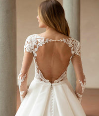 Robe de mariée élégante à manches longues en dentelle illusion en satin Robe de mariée A-Line Dos nu