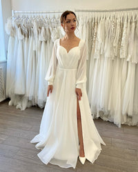 Vestido de Noiva Plus Size em Organza Vestido de Noiva Sexy Costas Nuas Fenda Lateral Corte A Manga Longa Vestidos Nupciais