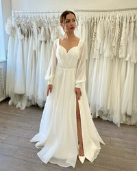 Vestido de Noiva Plus Size em Organza Vestido de Noiva Sexy Costas Nuas Fenda Lateral Corte A Manga Longa Vestidos Nupciais