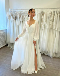 Vestido de Noiva Plus Size em Organza Vestido de Noiva Sexy Costas Nuas Fenda Lateral Corte A Manga Longa Vestidos Nupciais
