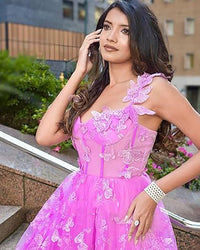 Abito corto da sera in tulle da donna con farfalle 3D, abiti da ritorno a casa con applicazioni in pizzo, abiti da cocktail con spalline sottili