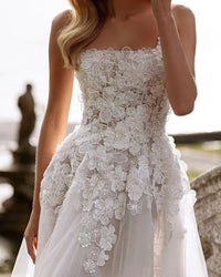 Vestidos de Noiva de Luxo Linha A com Alças de Espaguete Ilusão Flor 3D Vestido de Noiva Sem Costas Vestido de Noiva Princesa