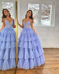 Abiti da sera formali da festa a strati in tulle con volant lunghi, abiti da ballo scintillanti da principessa
