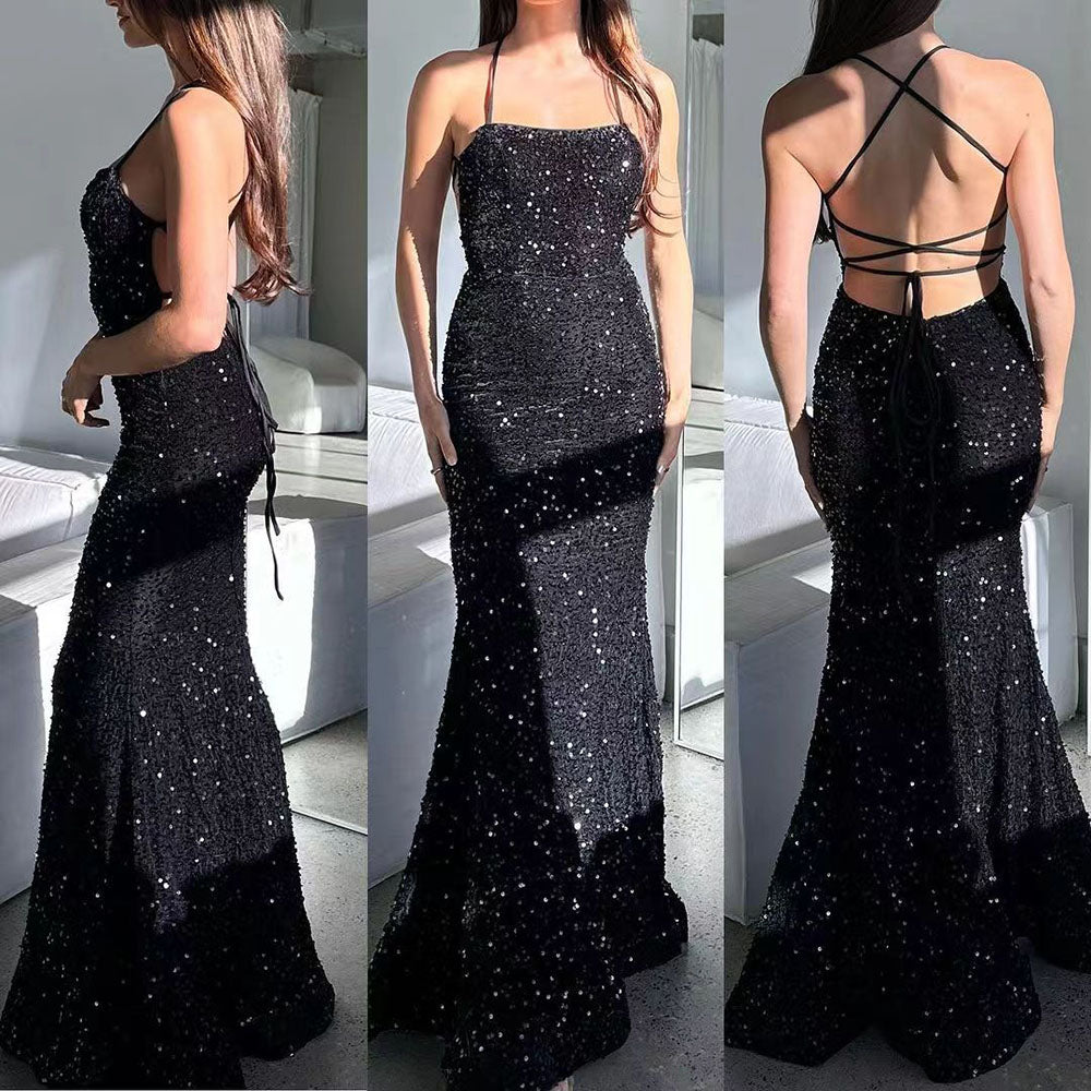 Vestido de Baile Formal de Mulher com Lantejoulas Brilhantes, Estilo Sereia, Fenda, Alças Finas, 2024