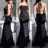 Vestido de Baile Formal de Mulher com Lantejoulas Brilhantes, Estilo Sereia, Fenda, Alças Finas, 2024