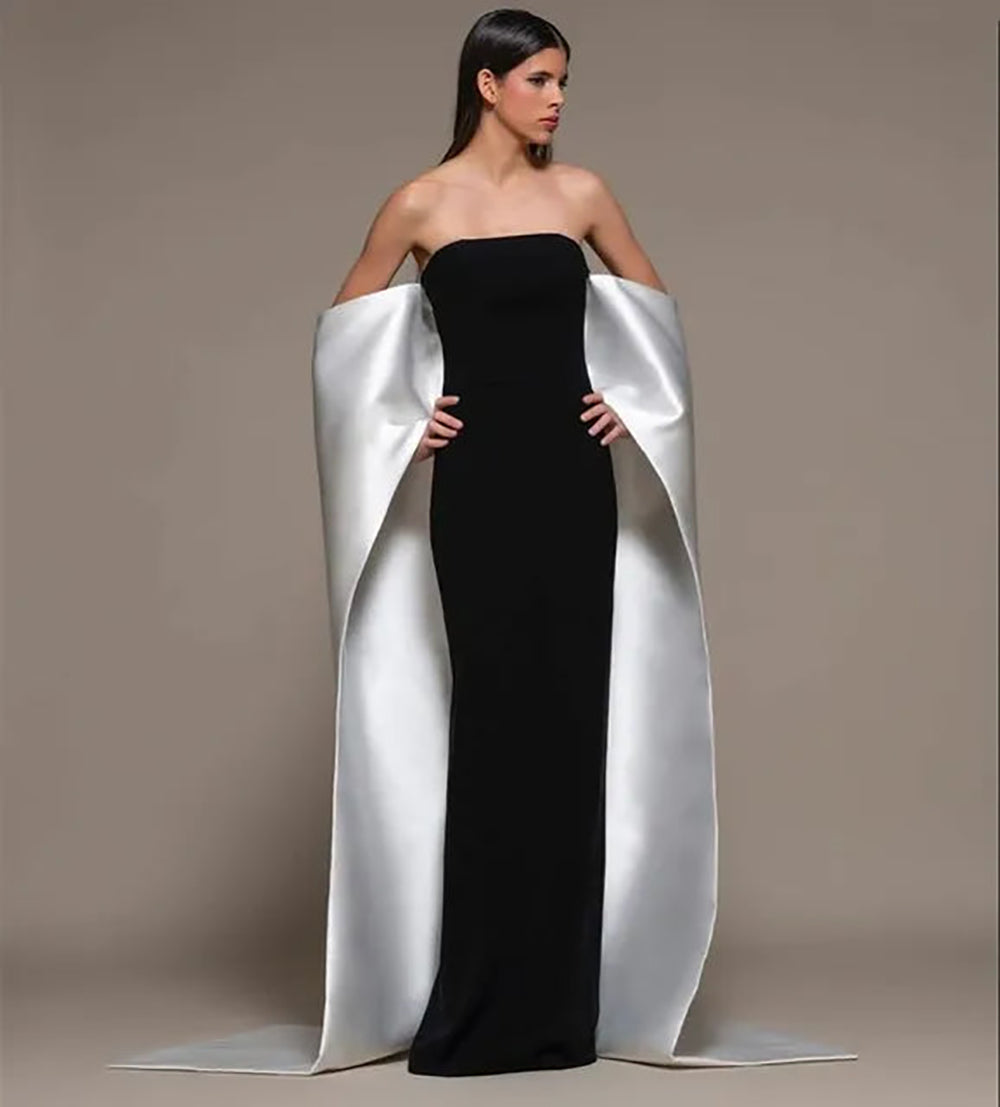 Vestido de noite elegante preto, sem alças, com capa destacável de cetim branco, vestido de baile para festas formais