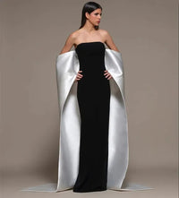 Vestido de noite elegante preto, sem alças, com capa destacável de cetim branco, vestido de baile para festas formais