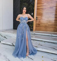 Abito da sera lungo da donna formale con scollo a cuore, tulle, pizzo, linea ad A e spacco sulla coscia