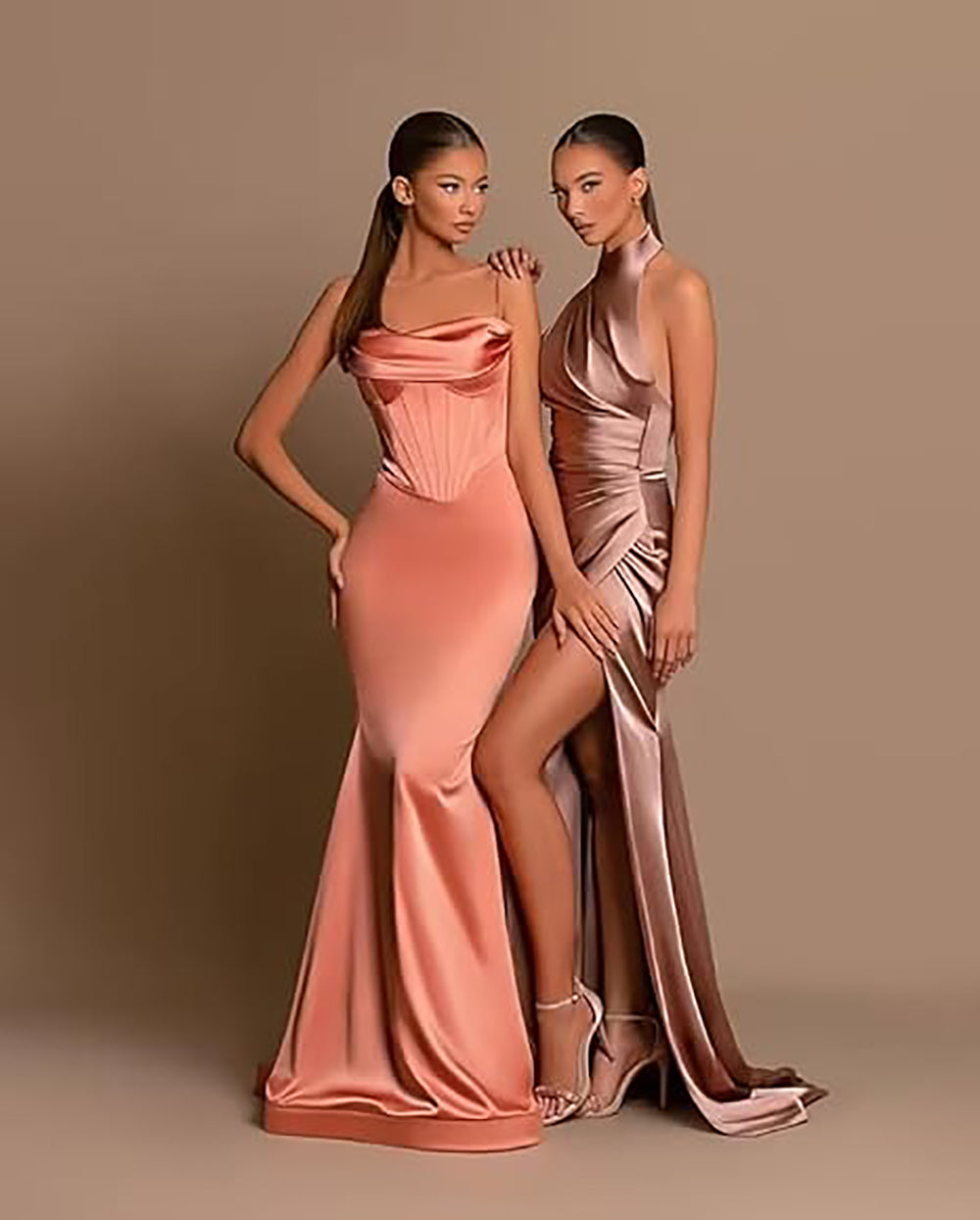 Satin Halter Bridesmaid Dresses Long Pleated Prom Dresses with Slit Mermaid Evening Dresses