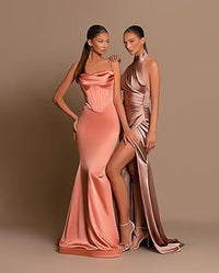 Satin Halter Bridesmaid Dresses Long Pleated Prom Dresses with Slit Mermaid Evening Dresses