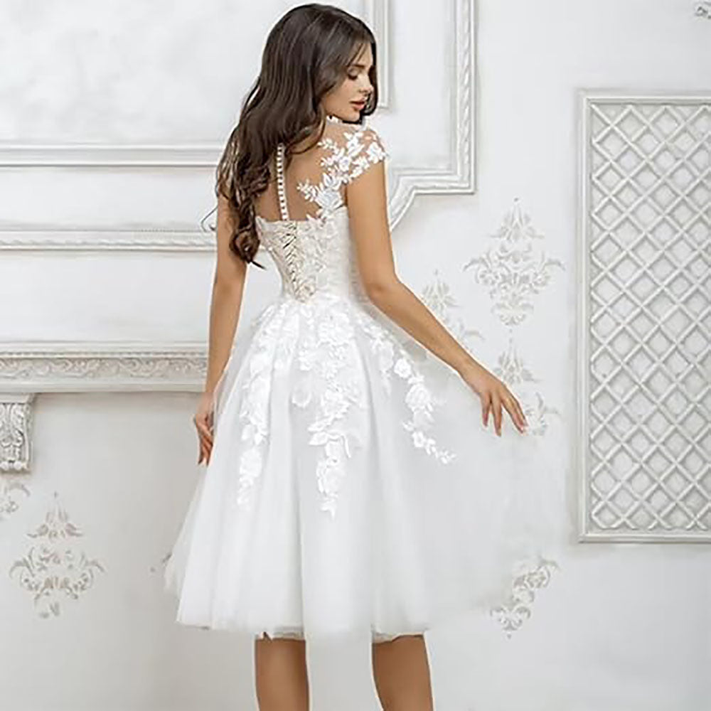 Robes de mariée courtes à manches 3/4 pour femmes, robes de mariée en dentelle longueur thé, robes de mariée trapèze