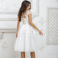 Robes de mariée courtes à manches 3/4 pour femmes, robes de mariée en dentelle longueur thé, robes de mariée trapèze
