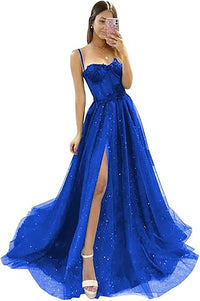 Robe de soirée longue en tulle à bretelles spaghetti et décolleté plongeant pour femme
