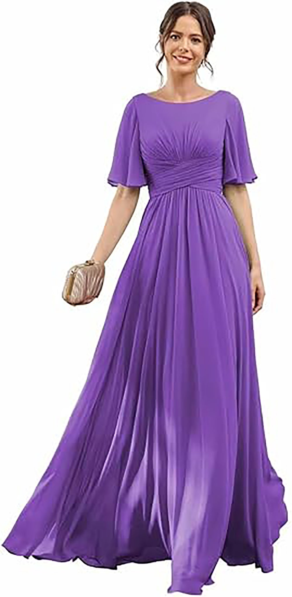 Vestido de Dama de Honra para Mulheres com Mangas de Folha em Chiffon Vestido de Noite para Festa de Casamento