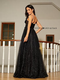 Spaghetti Strap Glitter Tulle Prom Dresses Slit Long Graduation Dress for Women Evening Party Gowns
