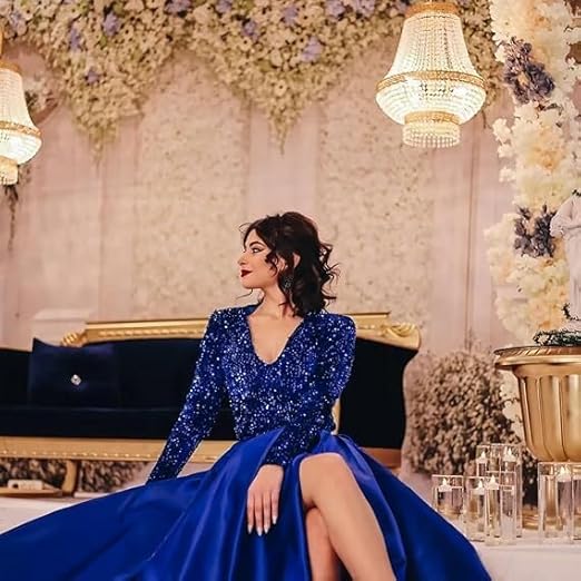 فساتين سهرة طويلة الأكمام مزينة بالترتر مع جيوب، فستان سهرة ساتان أنيق بشق، فساتين كروية برقبة على شكل حرف V