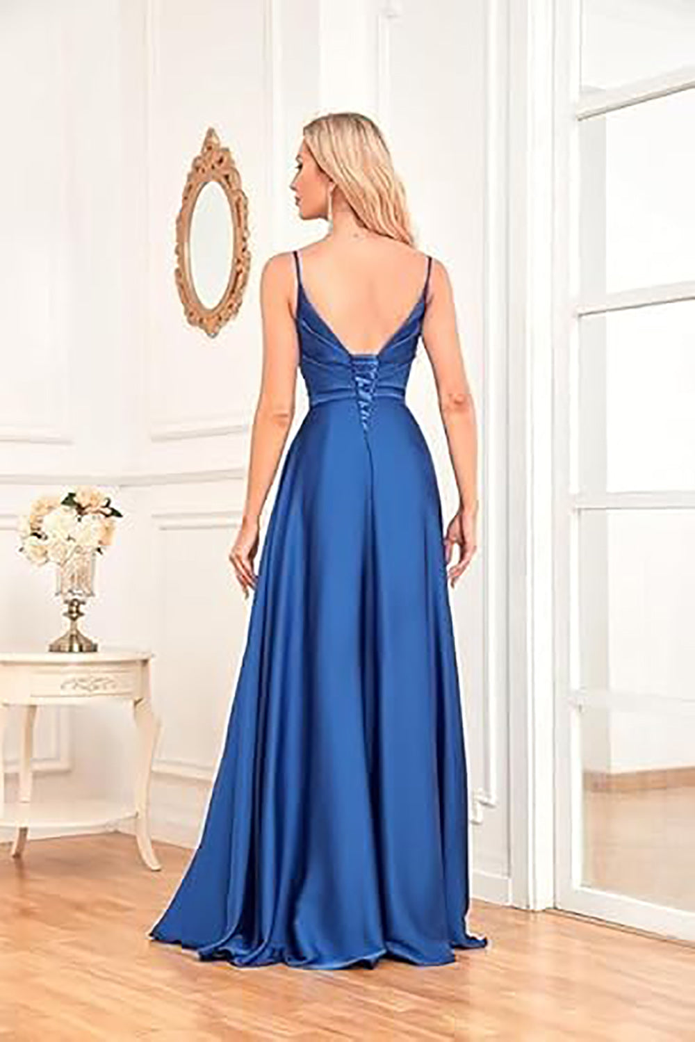 Robe de bal longue en satin chic à bretelles spaghetti, robe de demoiselle d'honneur, robe de soirée fendue sur le côté, robe formelle