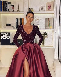 فساتين سهرة طويلة الأكمام مزينة بالترتر مع جيوب، فستان سهرة ساتان أنيق بشق، فساتين كروية برقبة على شكل حرف V