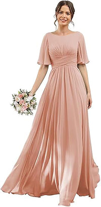 Vestido de Dama de Honra para Mulheres com Mangas de Folha em Chiffon Vestido de Noite para Festa de Casamento
