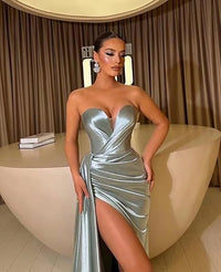 Vestidos de Festa Mermaid com Fenda Vestido Justo Longo de Cetim para Damas de Honra Vestidos Formais de Noite para Mulheres